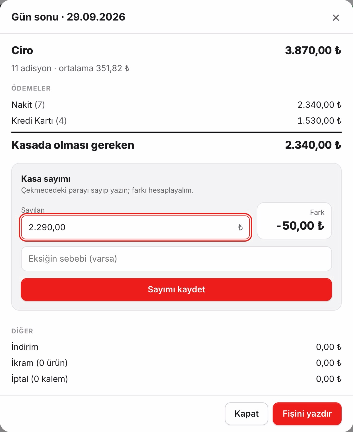 Gün sonu kasa sayımı
